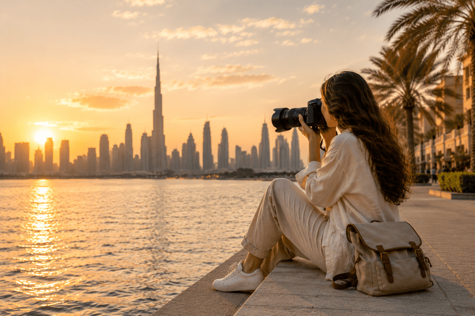 Photographer capturing the Dubai skyline at sunset